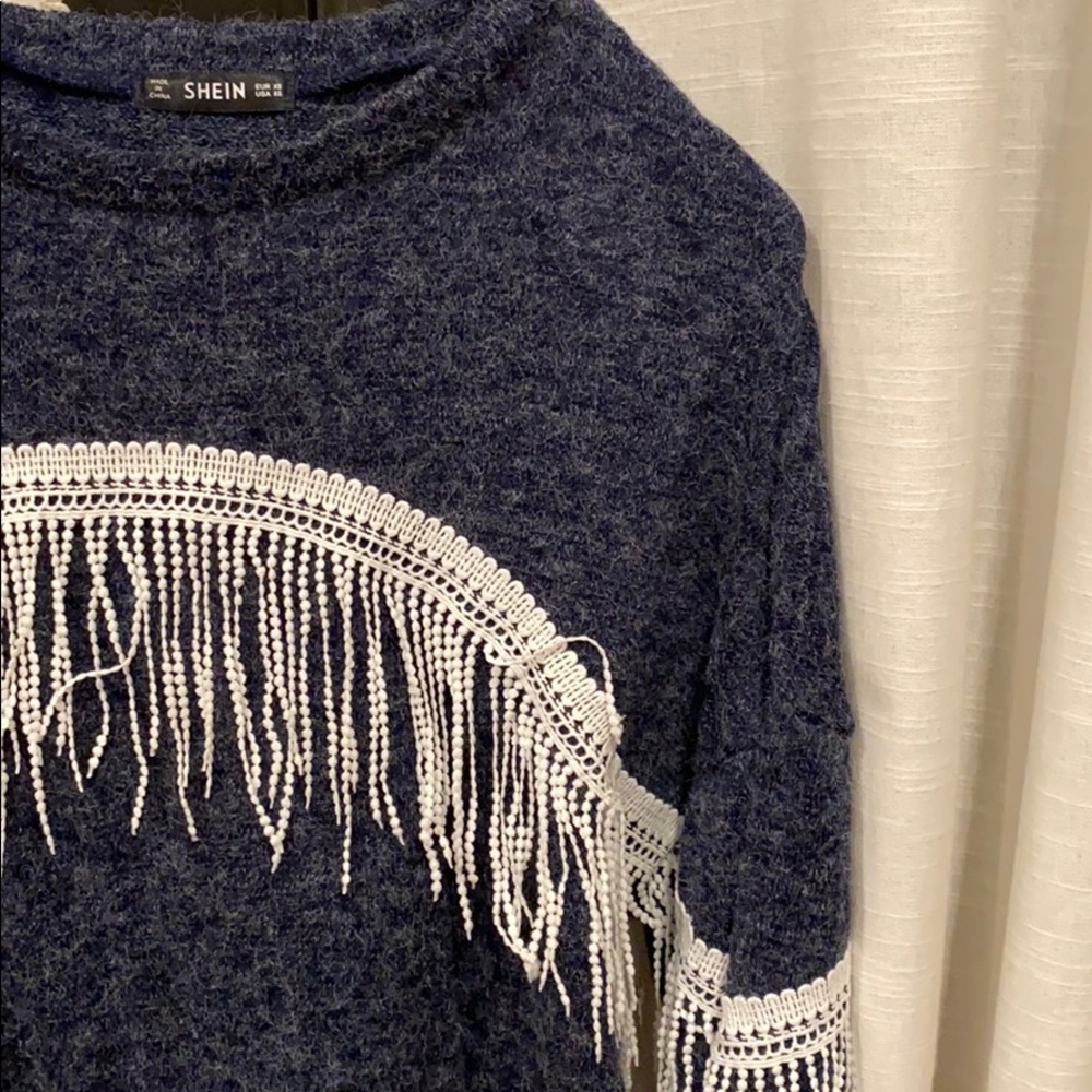 • Boho • Nagy & White Fringe Long Sleeve Top • - Picture 4 of 5